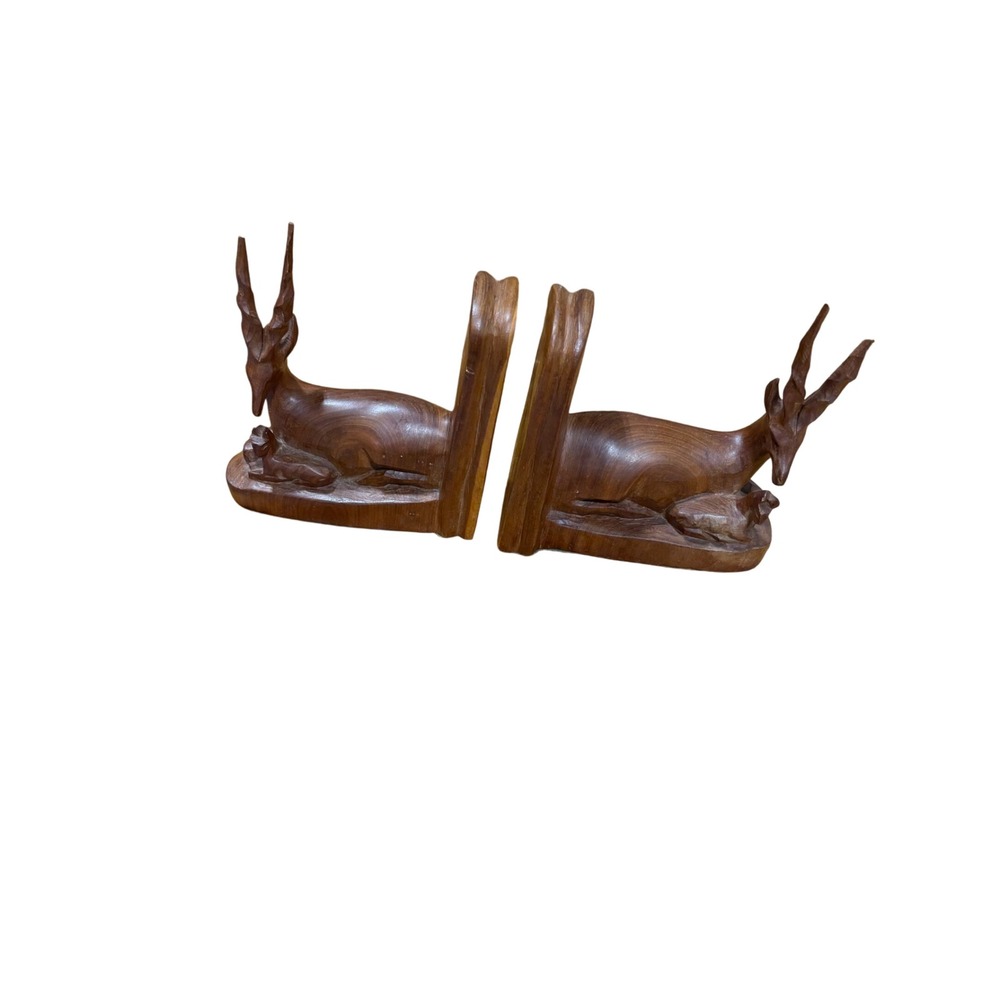 Vintage Hand Carved Wood Gazelle Antelope Bookends Mid Century Safari Decor Pair